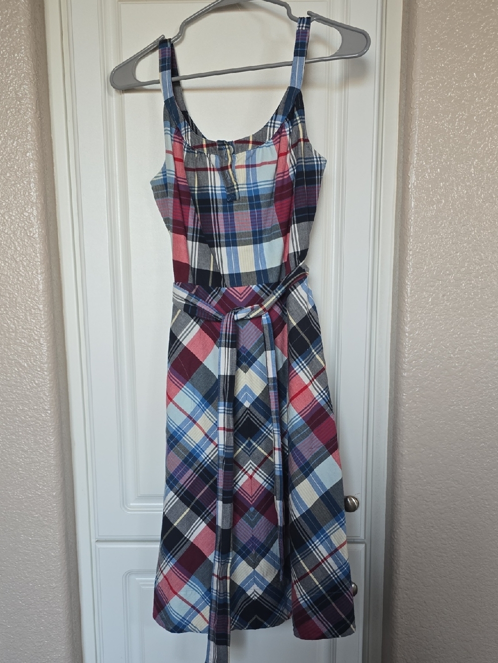 Lands' End Plaid Sleeveless Belted Midi Dress in Blue and Pink
